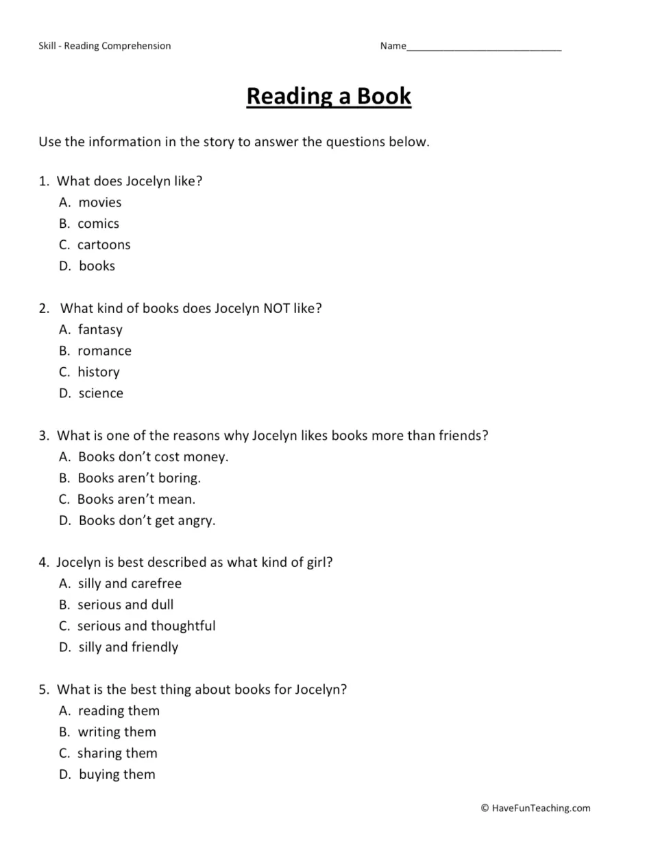 Reading comprehension on the Jocelyn story: students pick A-D answers for 5 questions about details and character