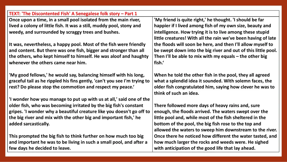 Folktale passage, part 1: a proud fish leaves his small pool during a flood to join bigger fish in the river
