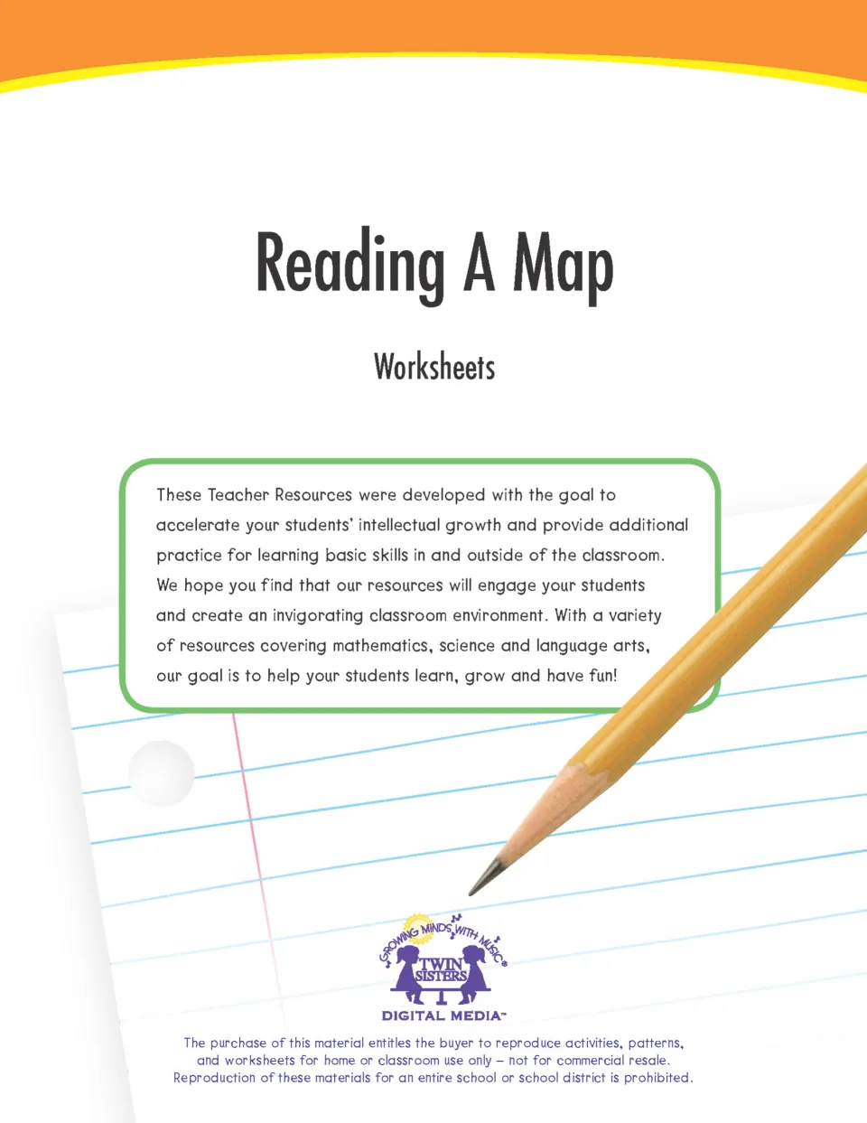 Reading A Map worksheets cover from Twin Sisters Digital Media, with a pencil resting on lined notebook paper