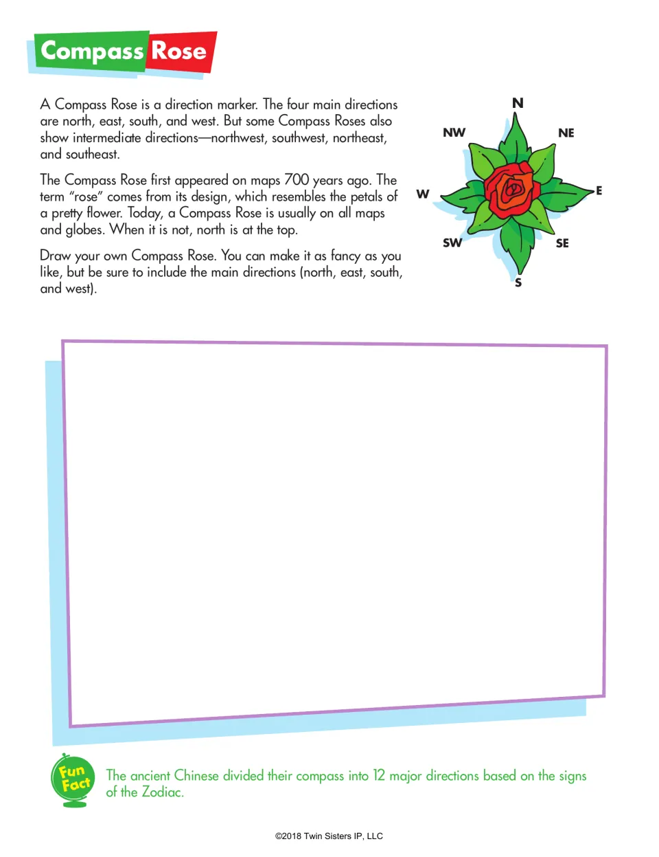 Compass Rose: students read about cardinal and intermediate directions, then draw their own compass rose in the space