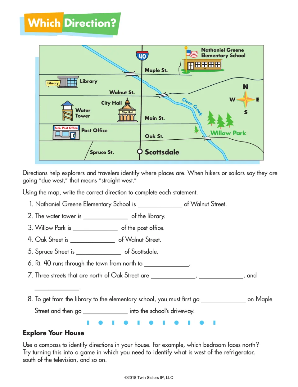 Which Direction? town map with Maple, Walnut, Main and Oak streets; students write the direction for 8 statements