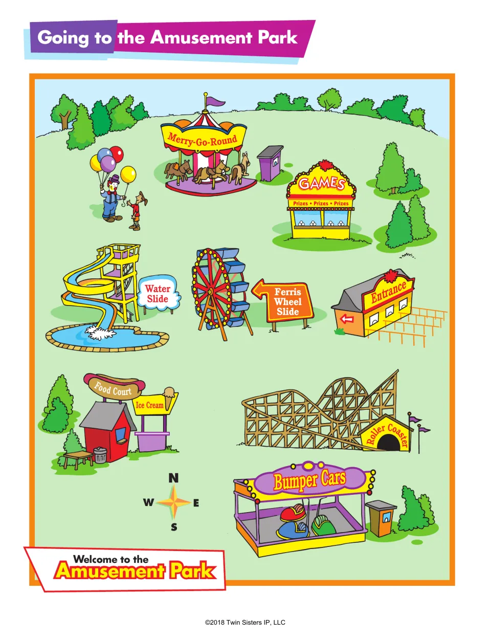 Going to the Amusement Park map showing a Ferris wheel, water slide, games, food court and roller coaster with a compass