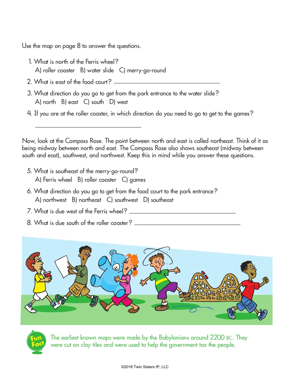 Amusement park map questions: students choose or write what lies north, east, southeast or due west of each ride