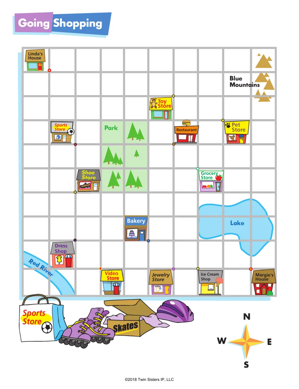 Going Shopping grid map from Linda's House to Margie's House, with a toy store, bakery, park, lake and Red River