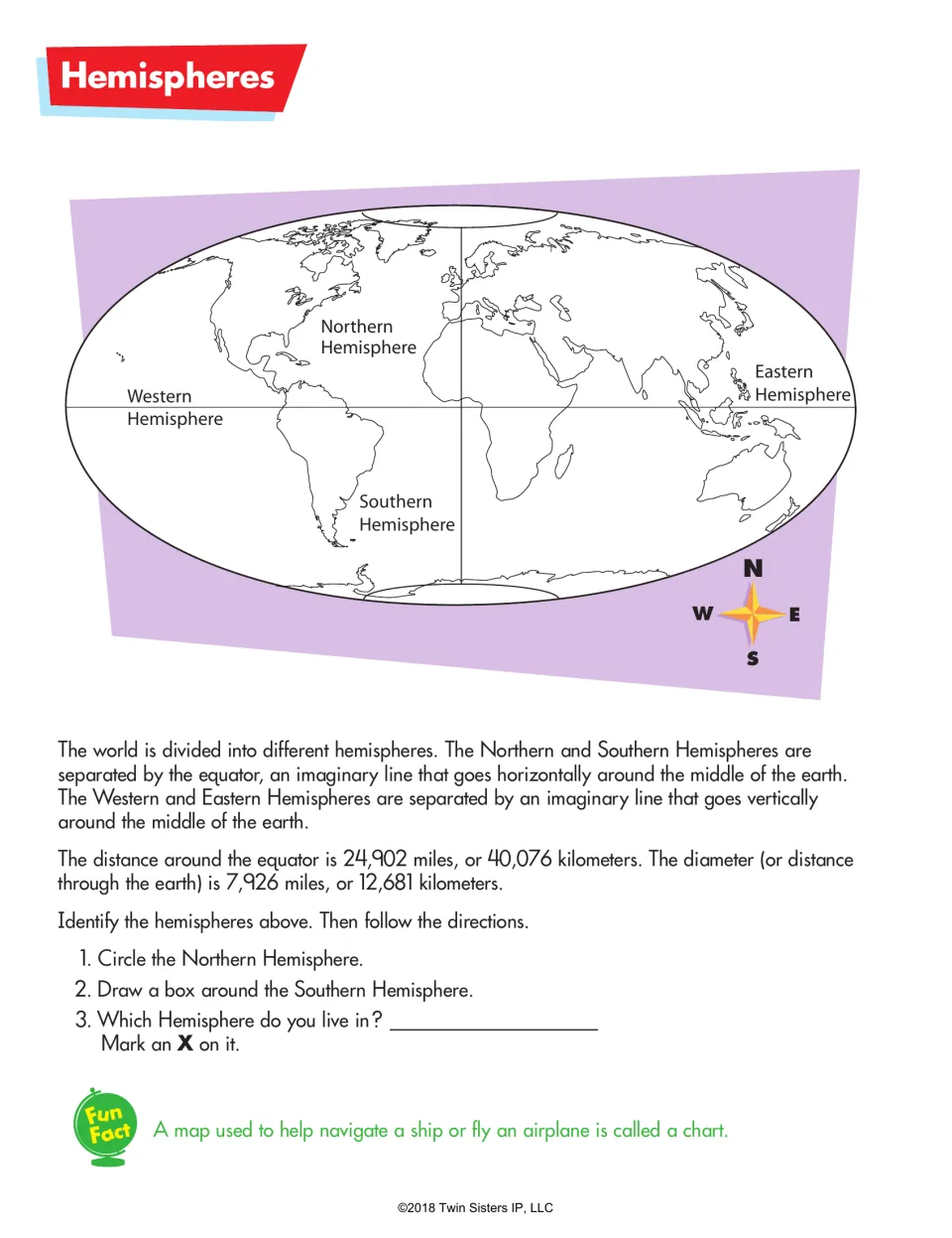 Hemispheres world map labeling Northern, Southern, Eastern and Western; students circle, box and mark where they live