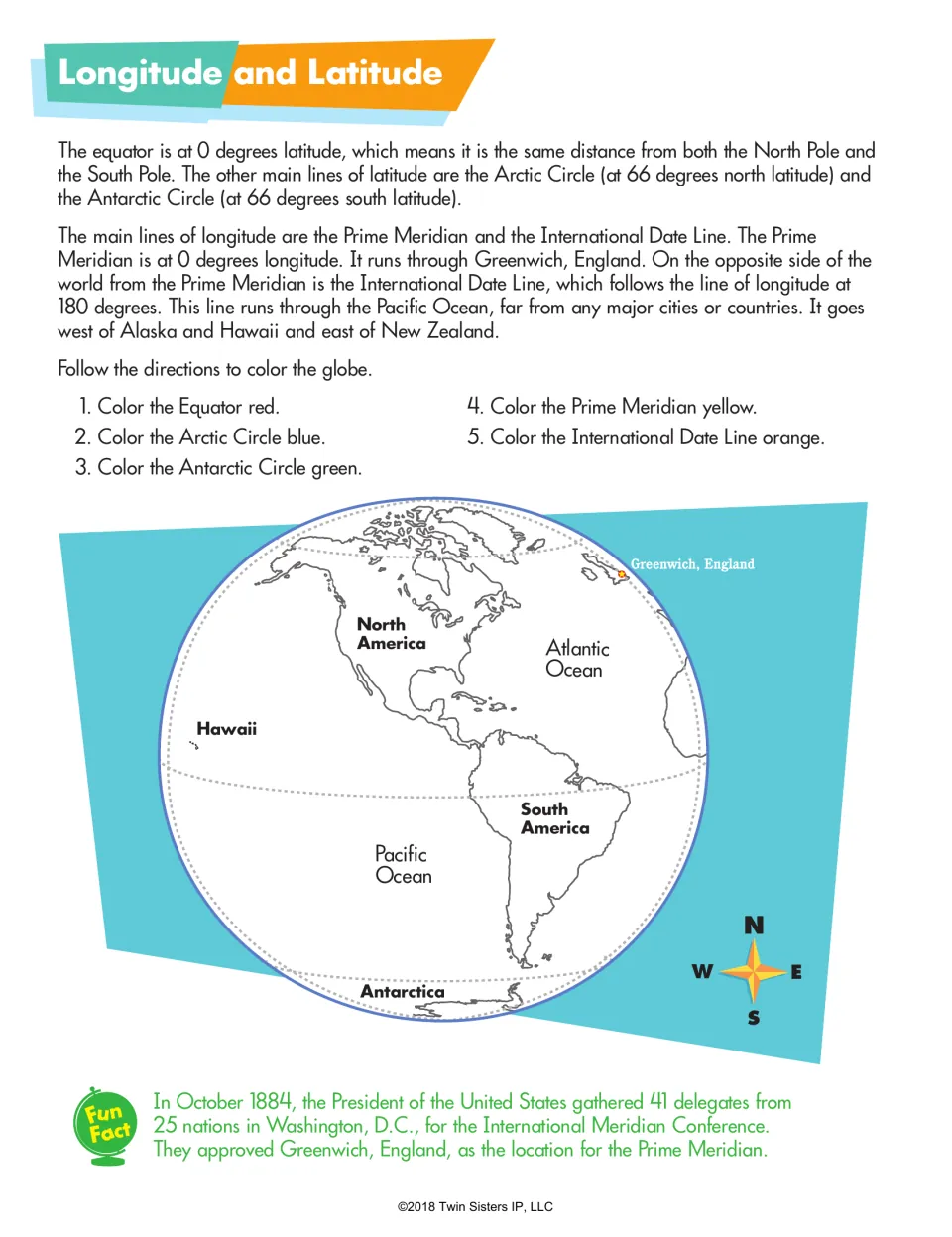 Longitude and Latitude: students color the equator, Arctic and Antarctic Circles, Prime Meridian and Date Line on a globe