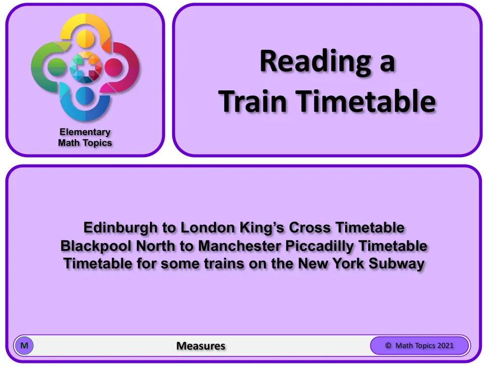 Reading a Train Timetable cover listing routes from Edinburgh and Blackpool North, plus New York Subway trains