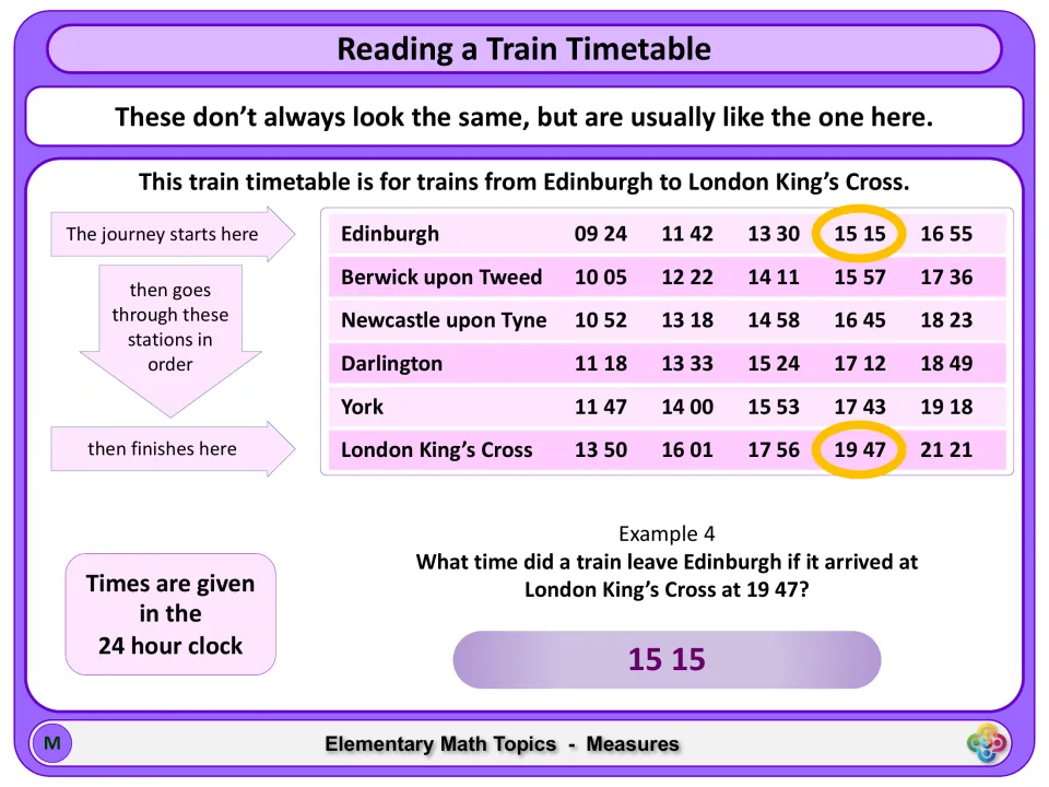 Timetable lesson example 4 matches a 19:47 arrival at London King’s Cross to a 15:15 departure from Edinburgh