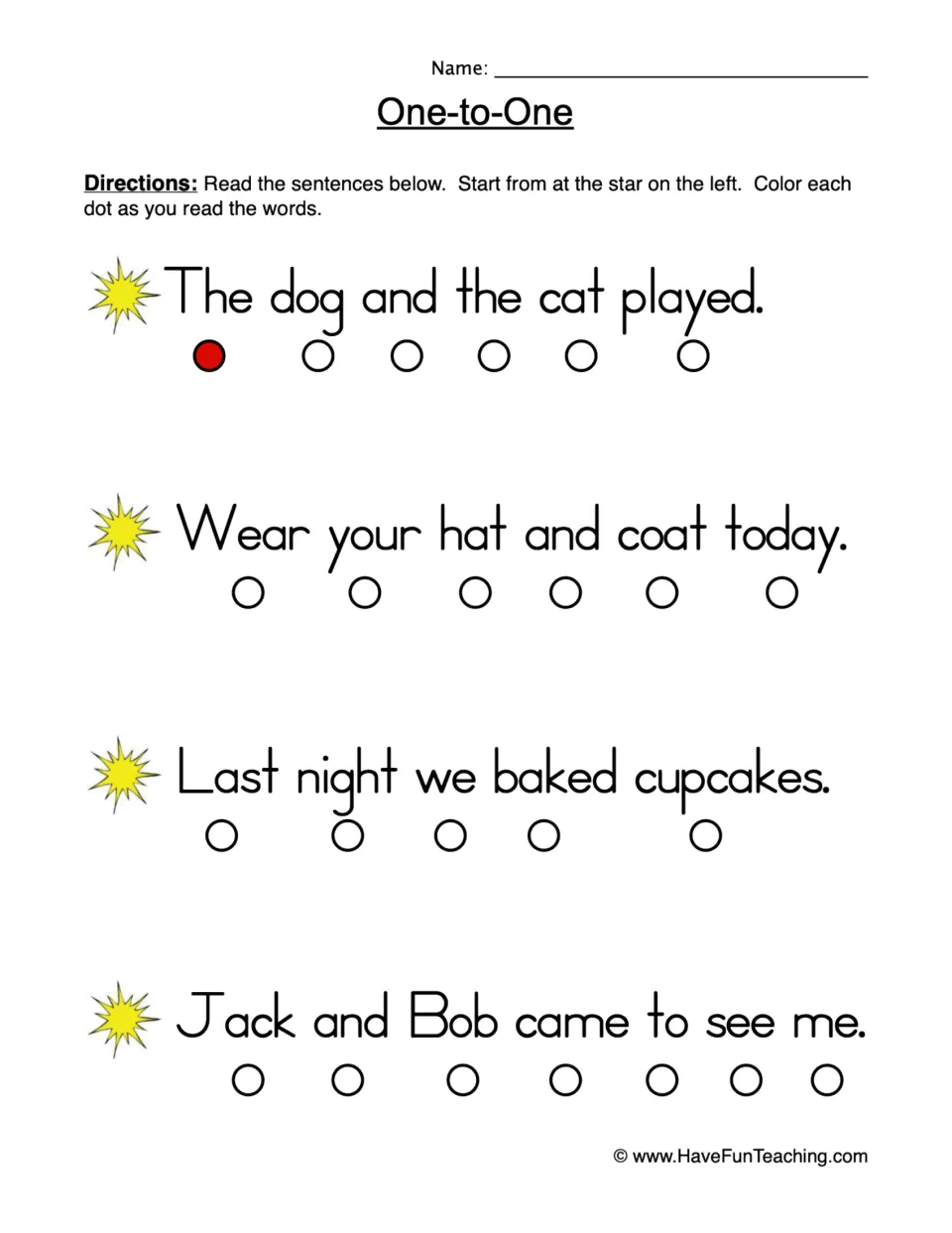One-to-One word matching: students read four sentences from the star and color a dot under each word as they read it