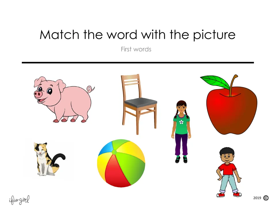 Cover of the first-words matching activity showing a pig, chair, apple, girl, cat, ball, and boy