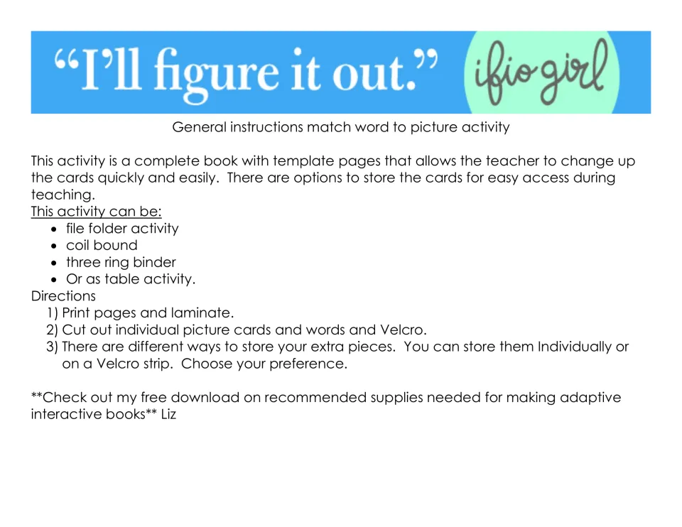 Assembly directions for the matching activity: print, laminate, cut out cards and words, and attach Velcro