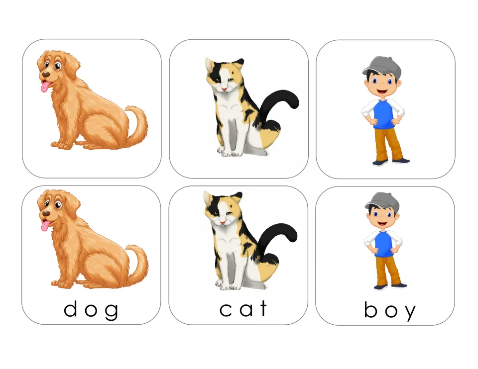 Matching card sheet for dog, cat, and boy, each shown on a picture-only card and a card labeled with its word