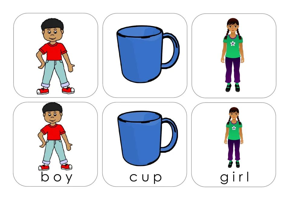 Matching card sheet for boy, cup, and girl, each shown on a picture-only card and a card labeled with its word