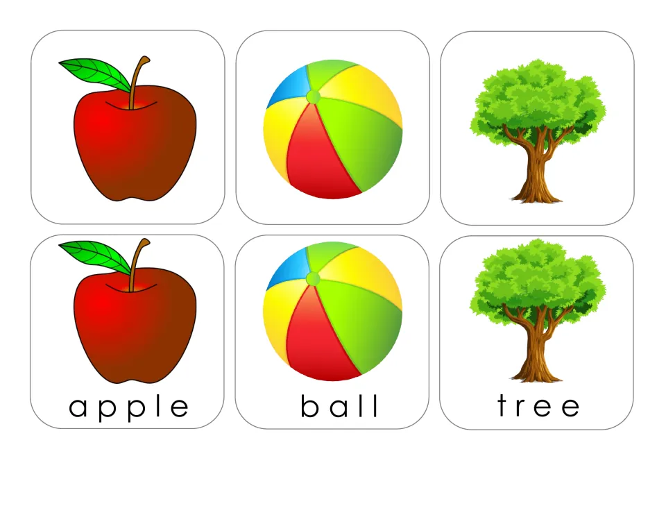 Matching card sheet for apple, ball, and tree, with three picture-only cards and three matching labeled cards