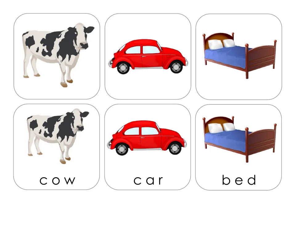 Matching card sheet for cow, car, and bed, each shown on a picture-only card and a card labeled with its word