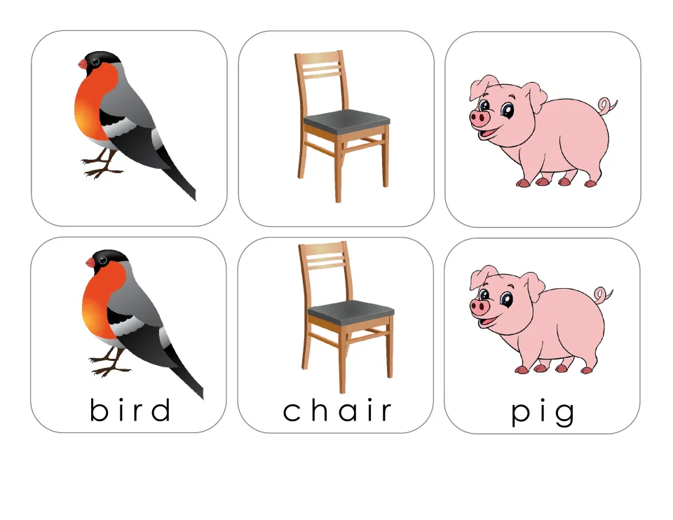 Matching card sheet for bird, chair, and pig, with three picture-only cards and three matching labeled cards