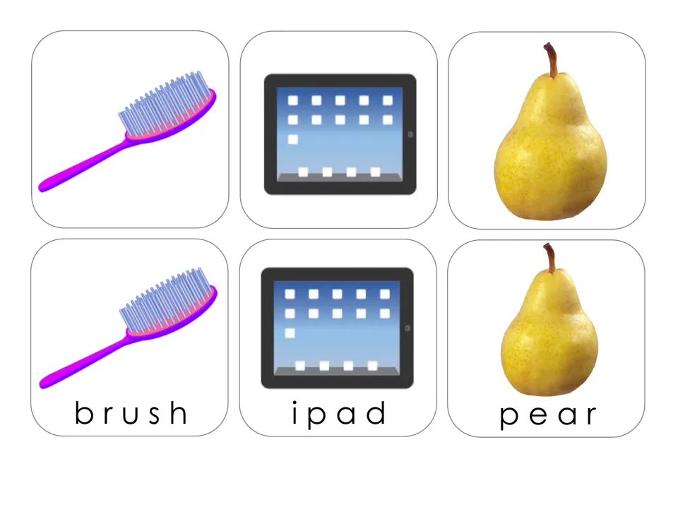 Matching card sheet for brush, iPad, and pear, with three picture-only cards and three matching labeled cards