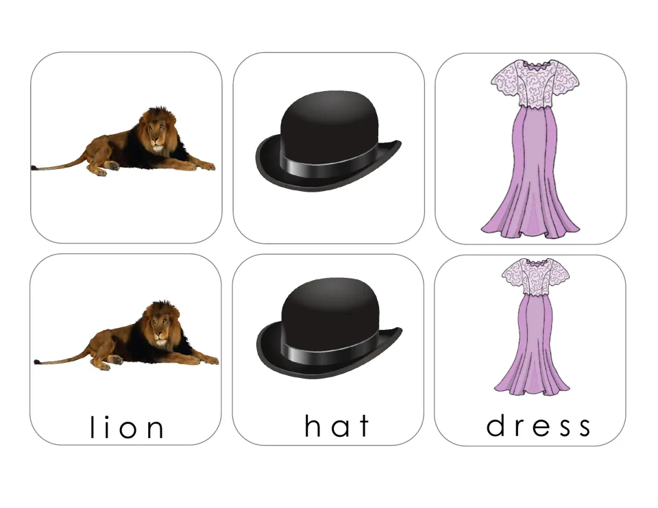 Matching card sheet for lion, hat, and dress, with three picture-only cards and three matching labeled cards