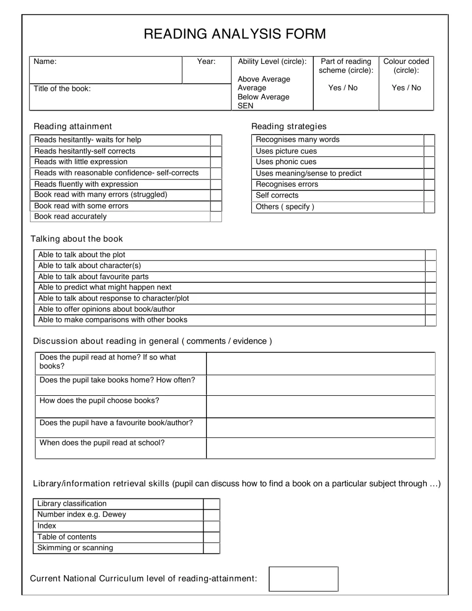 Pupil reading assessment: teacher ticks reading attainment, strategies, book talk and library skills