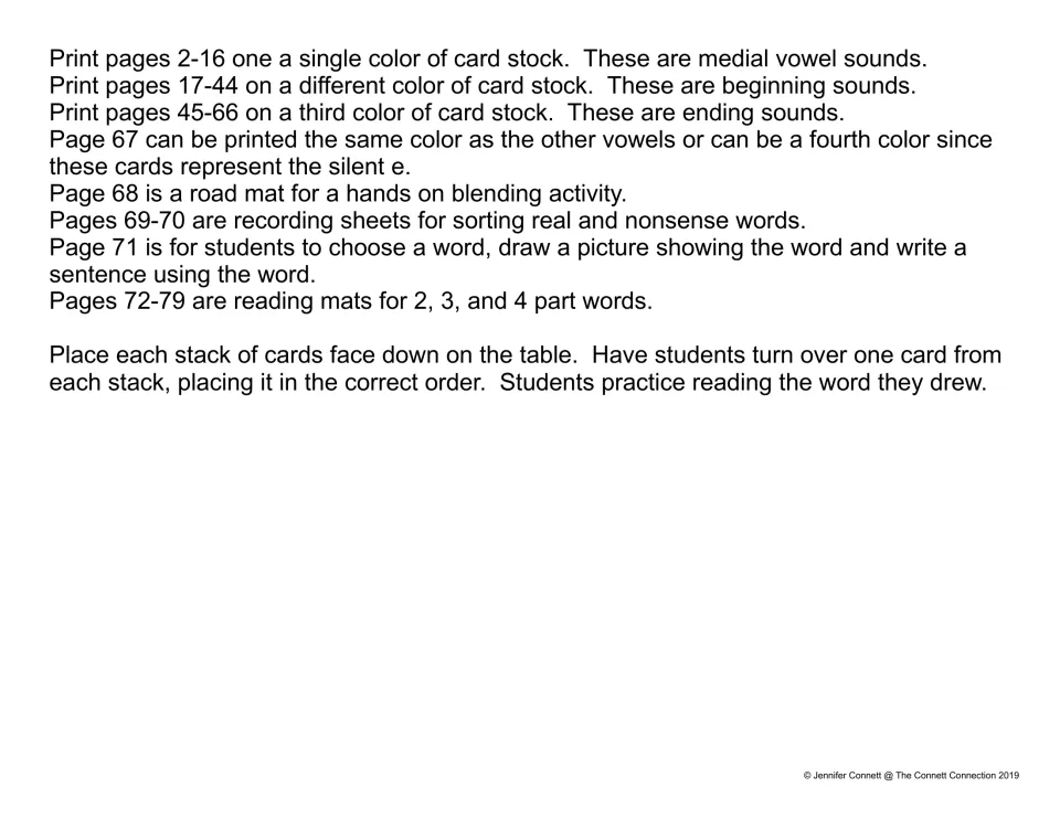 Teacher directions: which card pages to print on which card stock color, plus how students flip cards to blend words