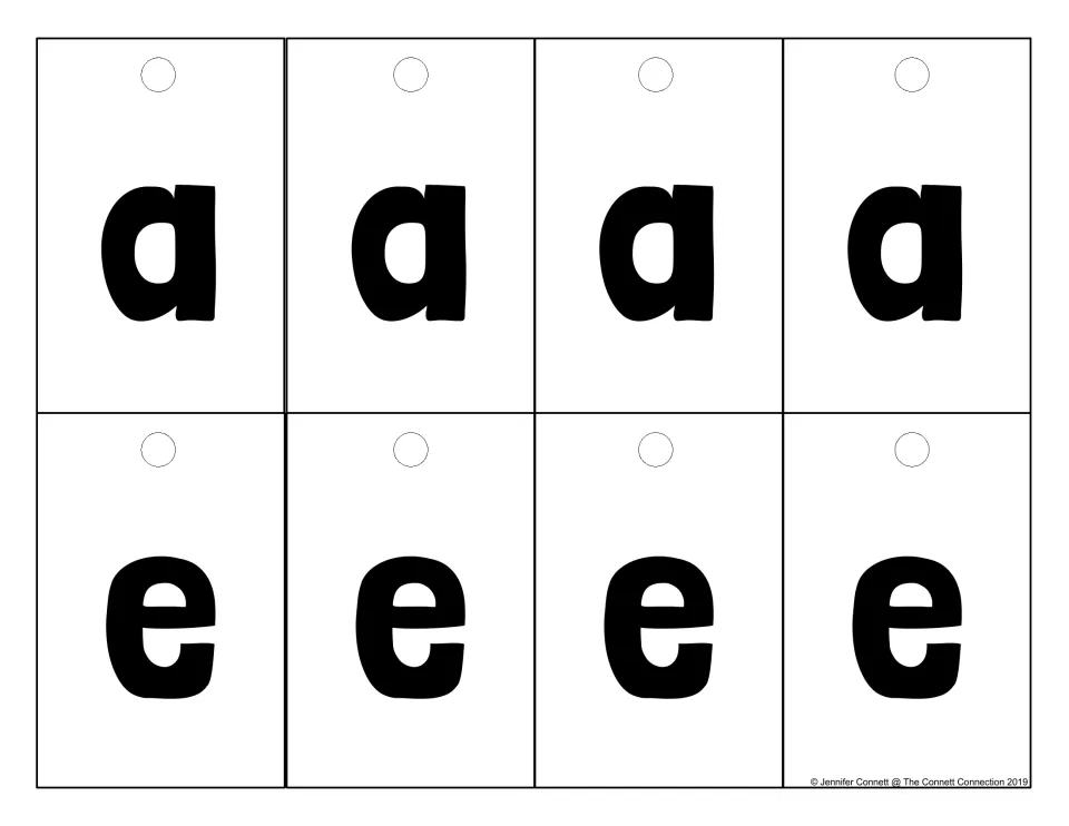 Medial vowel cards: four a cards and four e cards that students flip into the middle of a word to blend and read