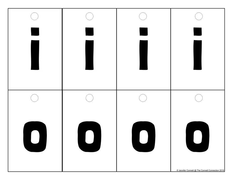 Medial vowel cards for i and o, four of each, used as the vowel in the middle when students blend sounds to read a word