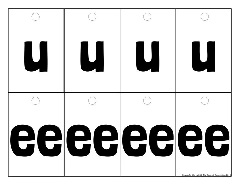 Vowel cards for u and the ee vowel team, four of each, for building and reading words by blending beginning, middle and end