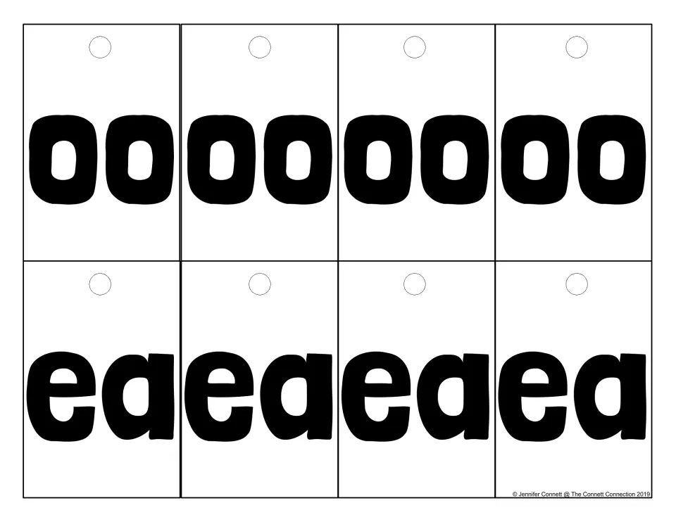 Vowel team cards for oo and ea, four of each, placed in the middle as students blend and read real or nonsense words