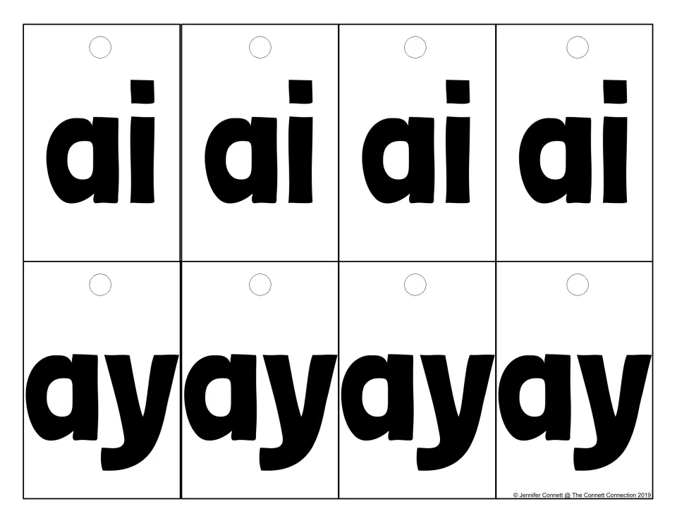 Vowel team cards for ai and ay, four of each, used to practise blending long a spellings in the middle of drawn words