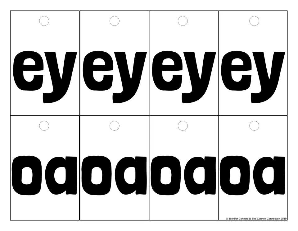 Vowel team cards for ey and oa, four of each, flipped into the middle spot so students blend sounds and read the new word