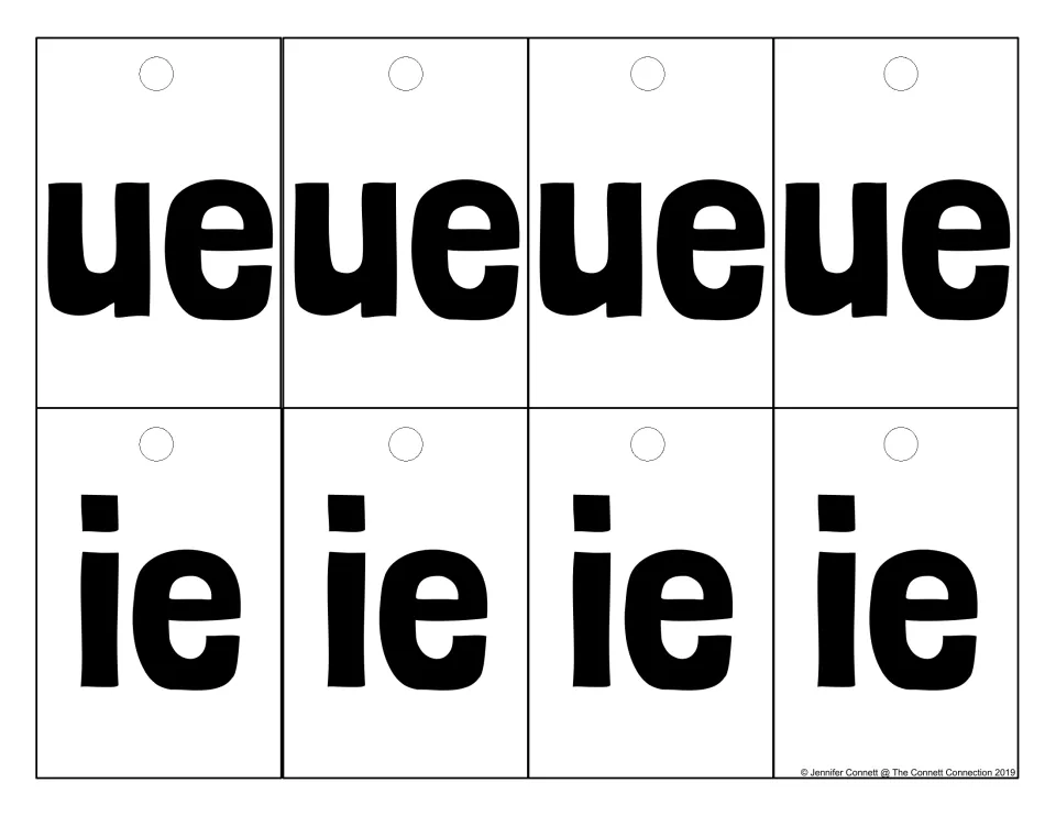 Vowel team cards for ue and ie, four of each, for blending as students build words from beginning, vowel and ending