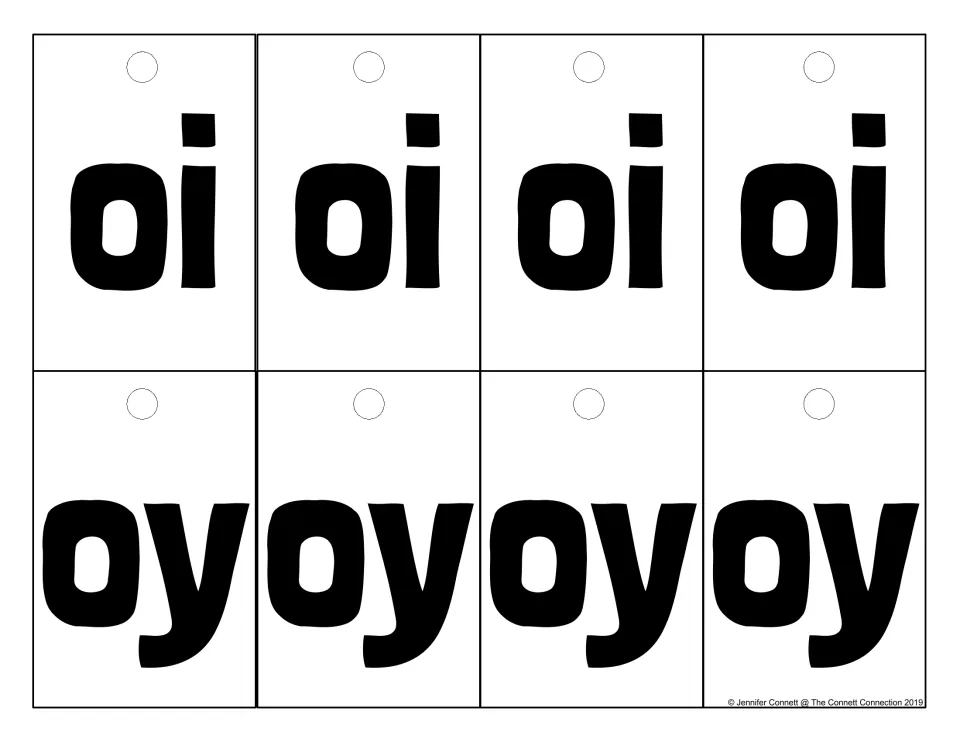 Diphthong cards for oi and oy, four of each, used as the middle sound when students turn cards to blend and read words