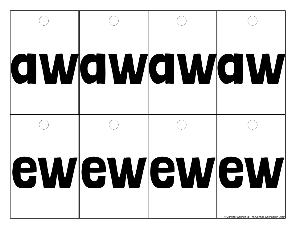 Vowel cards for aw and ew, four of each, placed between beginning and ending sound cards for blending and reading words
