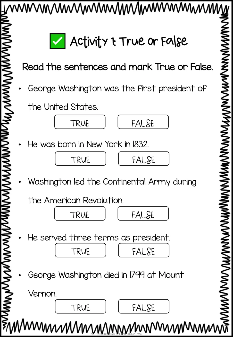 True-or-false activity: five statements about Washington's presidency, birth, army leadership, and death