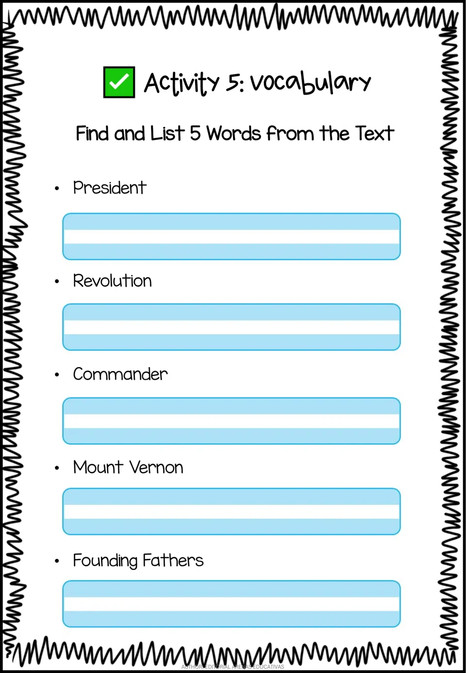 Vocabulary activity listing President, Revolution, Commander, Mount Vernon, and Founding Fathers