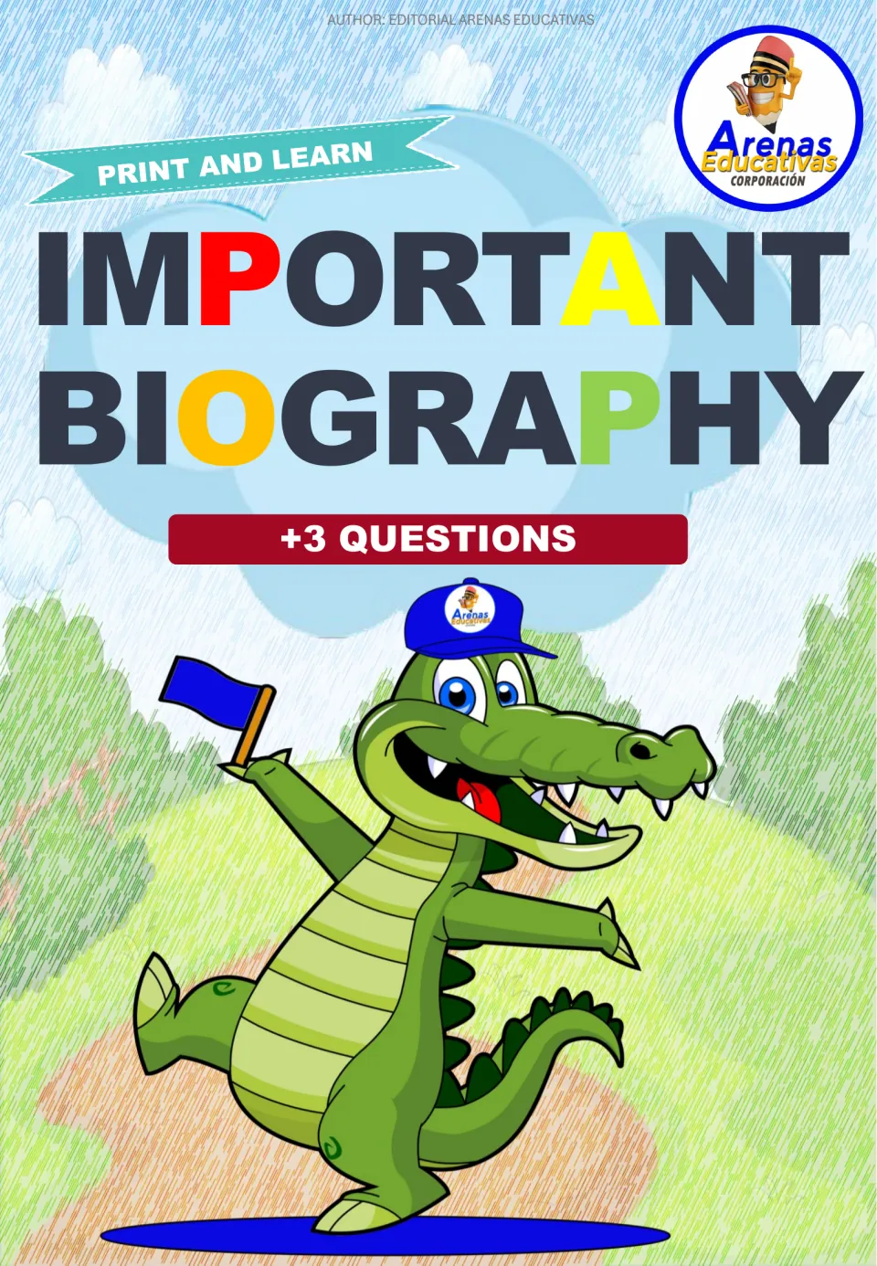 Cover of Important Biography, a print-and-learn set with +3 questions, shown with a cartoon crocodile in a cap