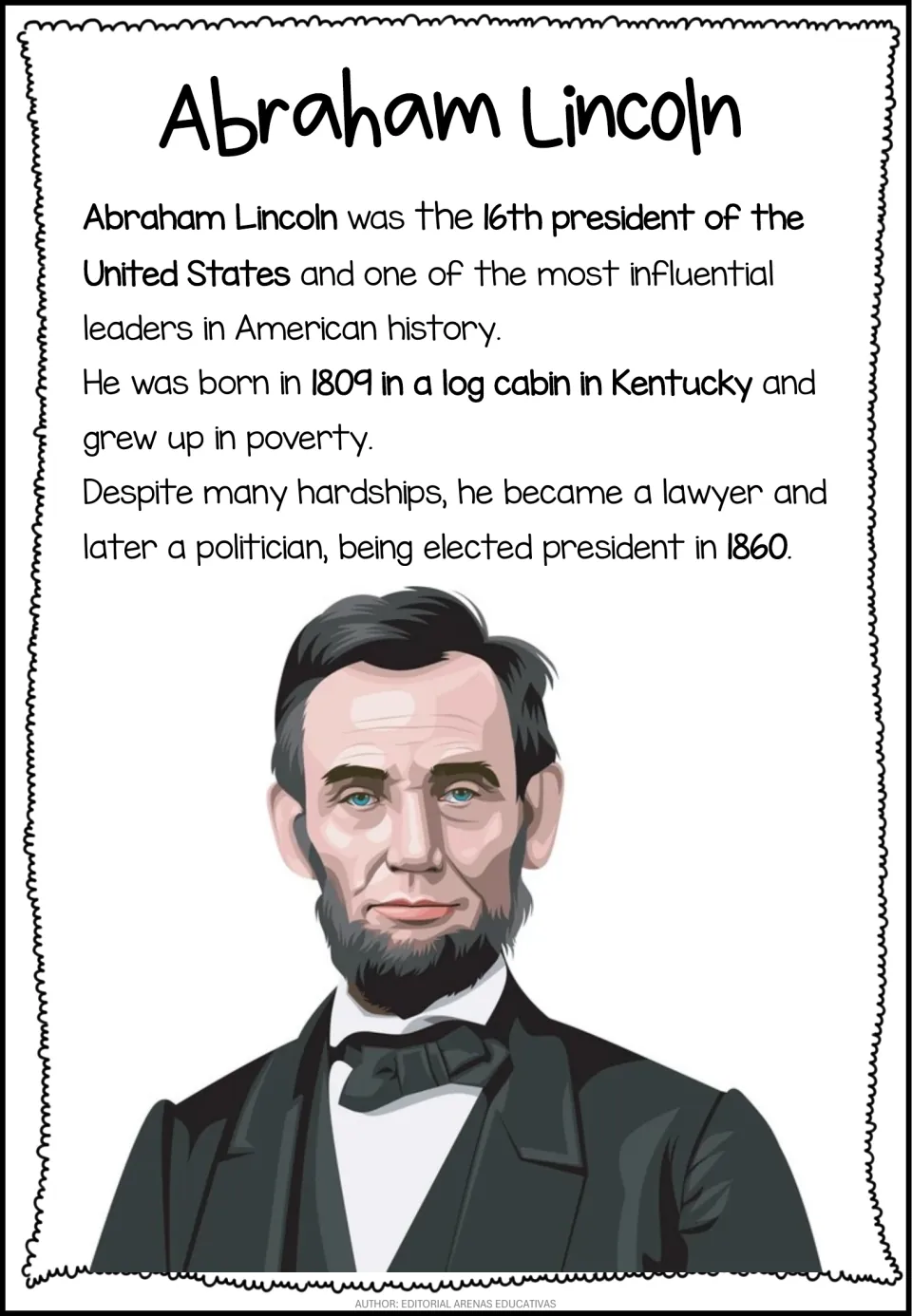 Lincoln biography reading, part 1: 16th president, born 1809 in a Kentucky log cabin, became a lawyer, elected 1860