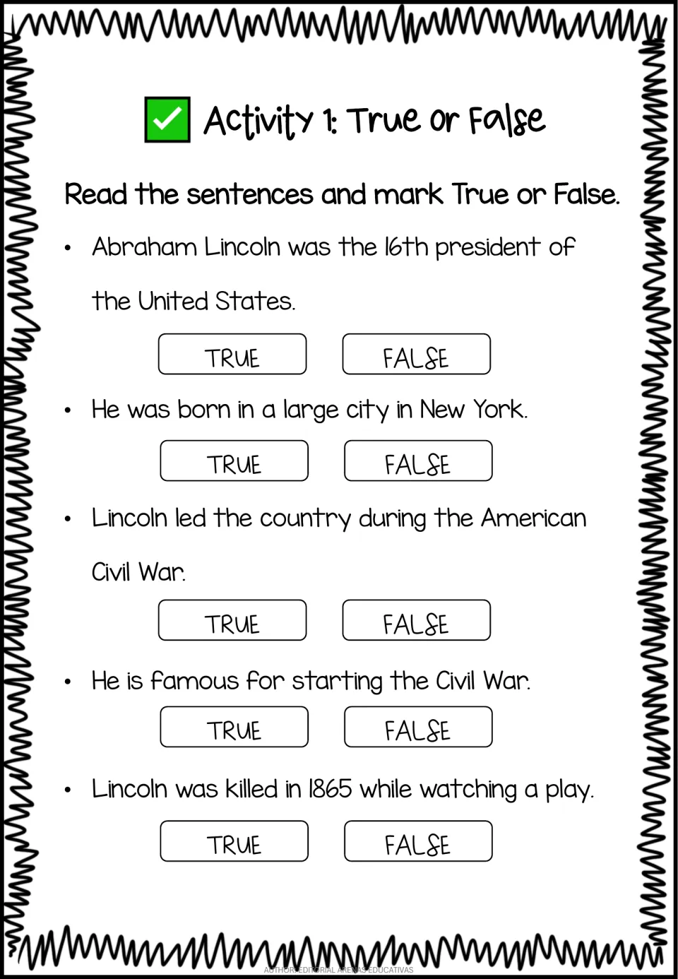 Lincoln true or false: students read five statements about his life and mark each True or False to check comprehension