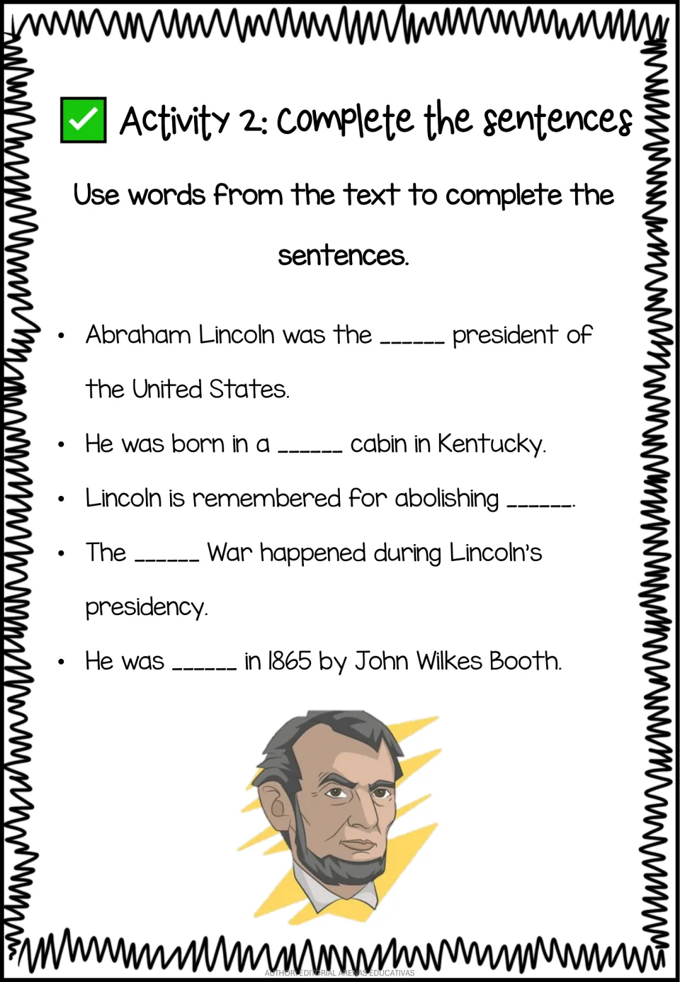 Lincoln fill-in-the-blank: students use words from the text to complete five sentences about his life