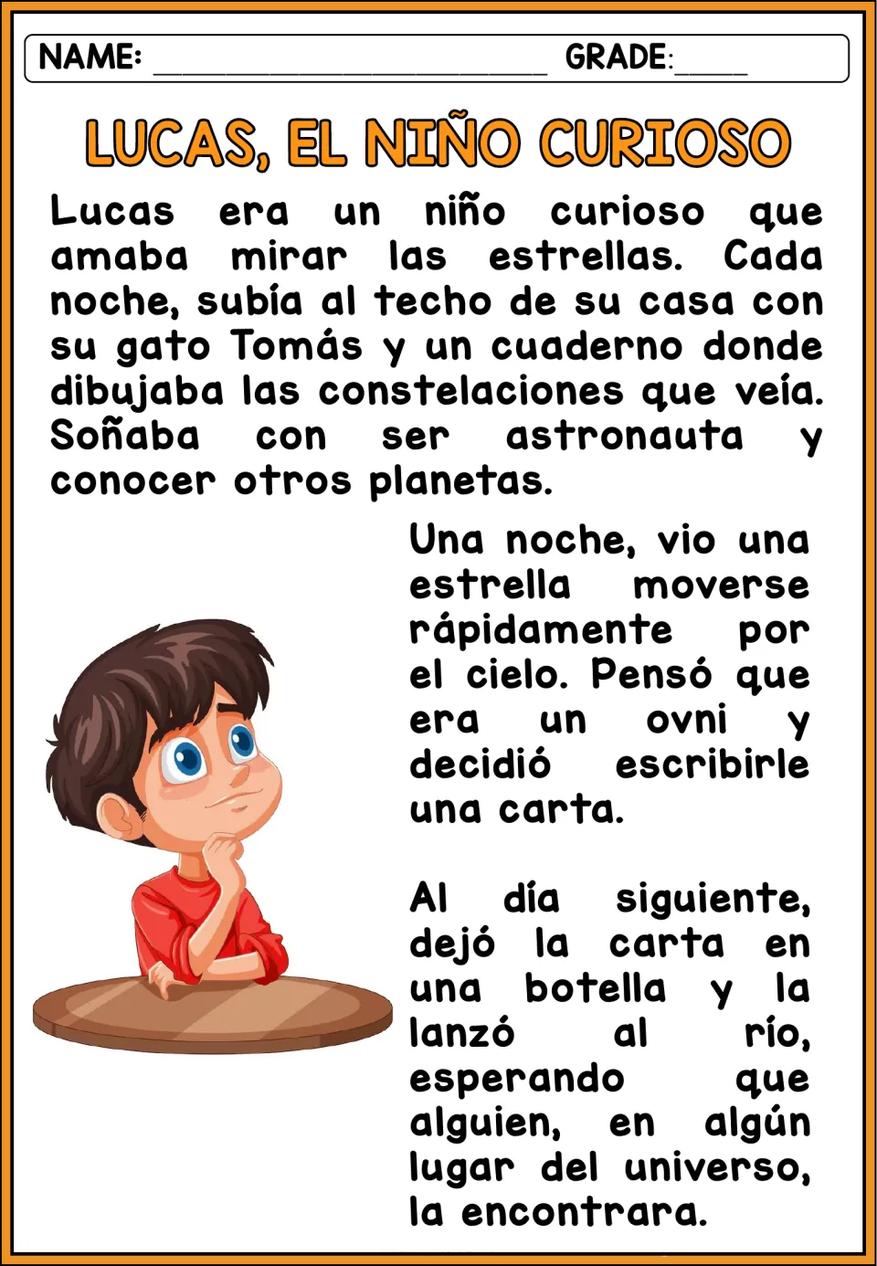 Spanish story about Lucas watching stars with his cat Tomás and sending a letter in a bottle down the river