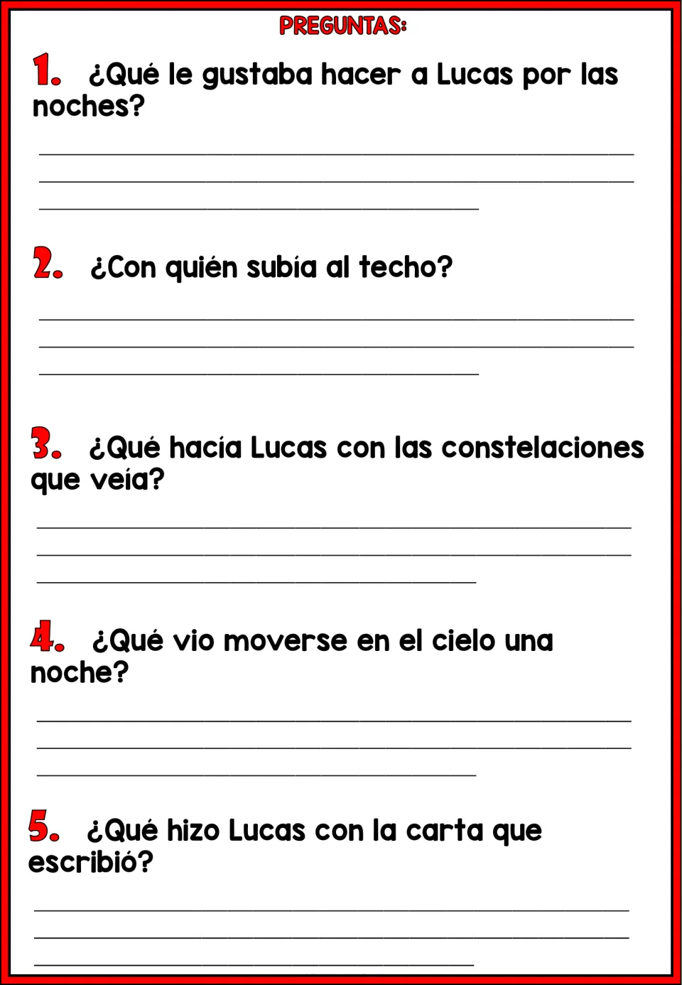 Five Spanish comprehension questions about Lucas's nighttime activity, cat, constellations, sighting, and letter