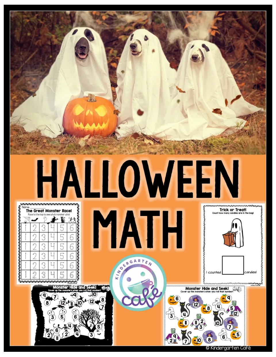 Halloween Math cover: dogs dressed as ghosts by a jack-o'-lantern, with previews of monster race, dice and counting pages