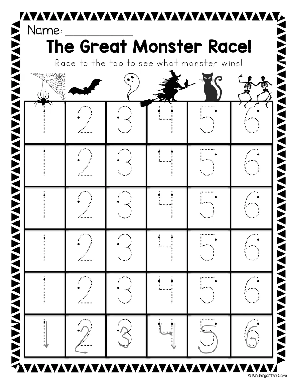 The Great Monster Race: students trace dotted numerals 1 to 6 below a spider, bat, ghost, witch, cat and skeleton