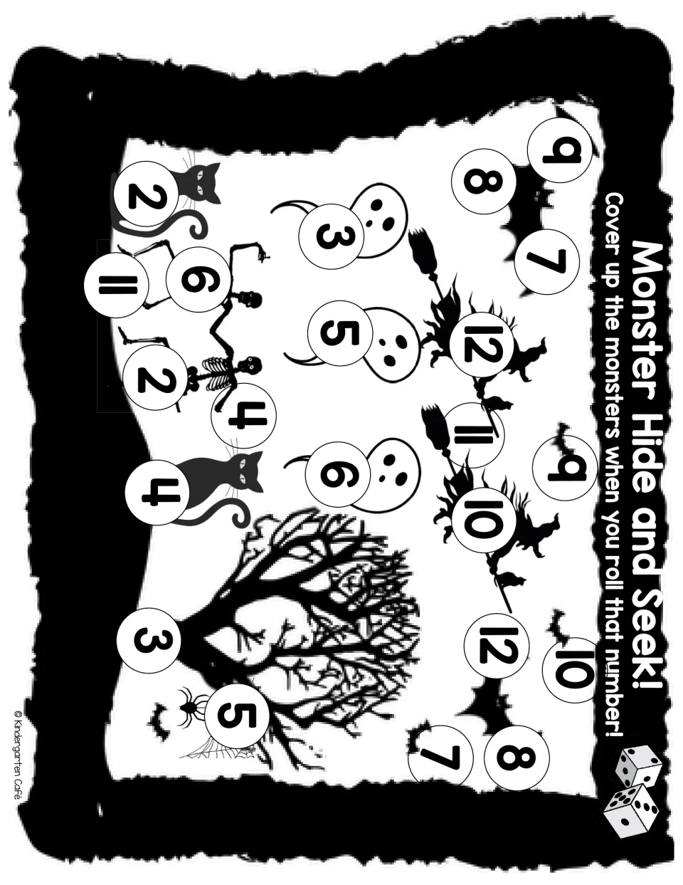Monster Hide and Seek, black and white: students roll dice and cover a ghost, cat, bat or witch with that sum, 2 to 12