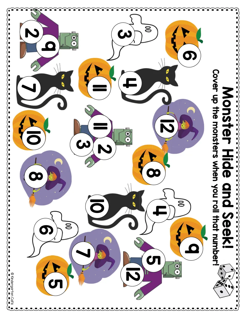 Monster Hide and Seek in color: students roll dice and cover a pumpkin, cat, ghost, witch or Frankenstein numbered 2 to 12