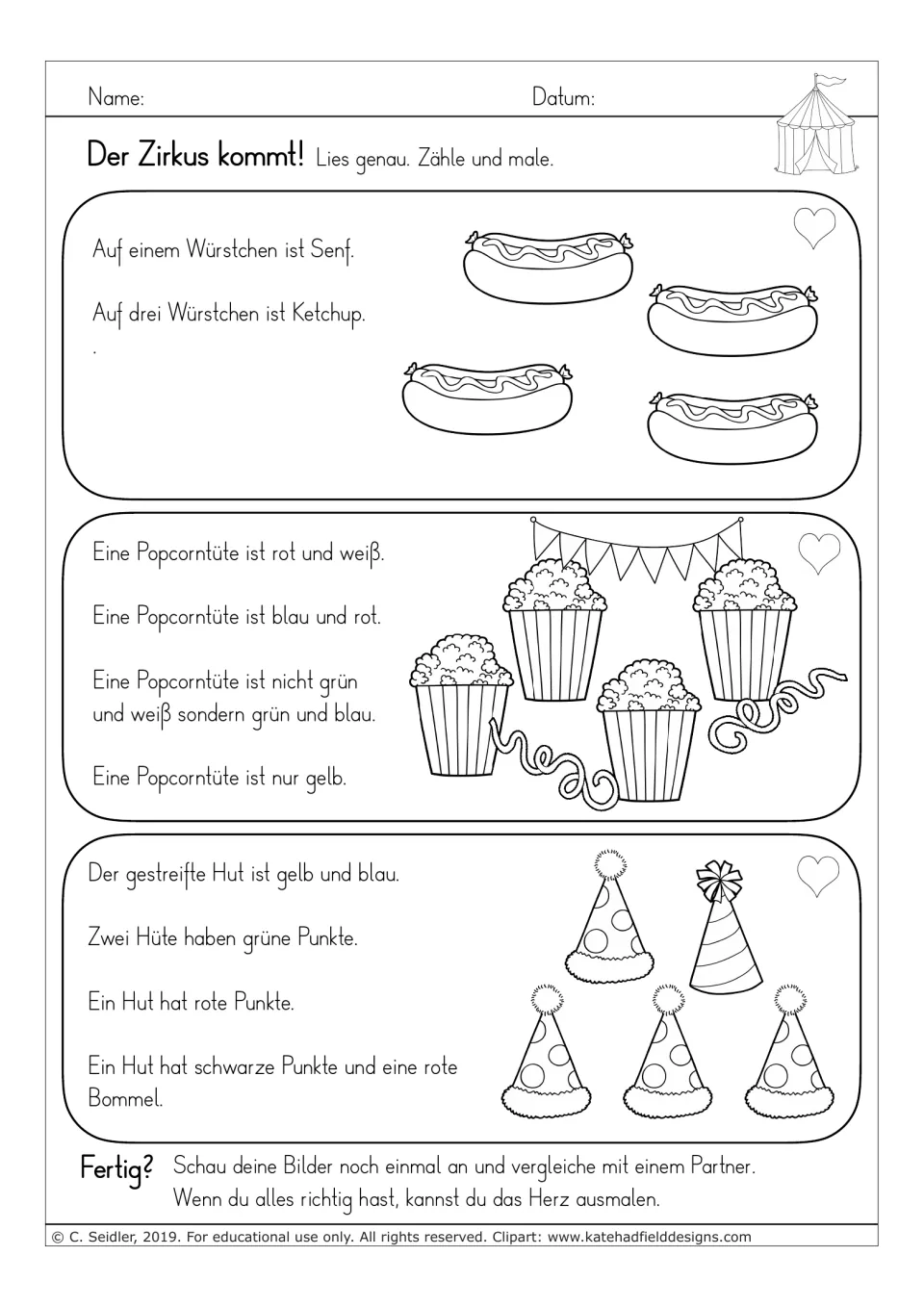 German reading-and-coloring worksheet 1: directions for coloring four hot dogs, four popcorn bags and five hats