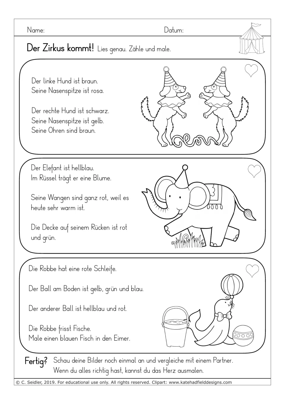 German reading-and-coloring worksheet 2: two dogs, an elephant and a seal, plus flower and fish drawing prompts