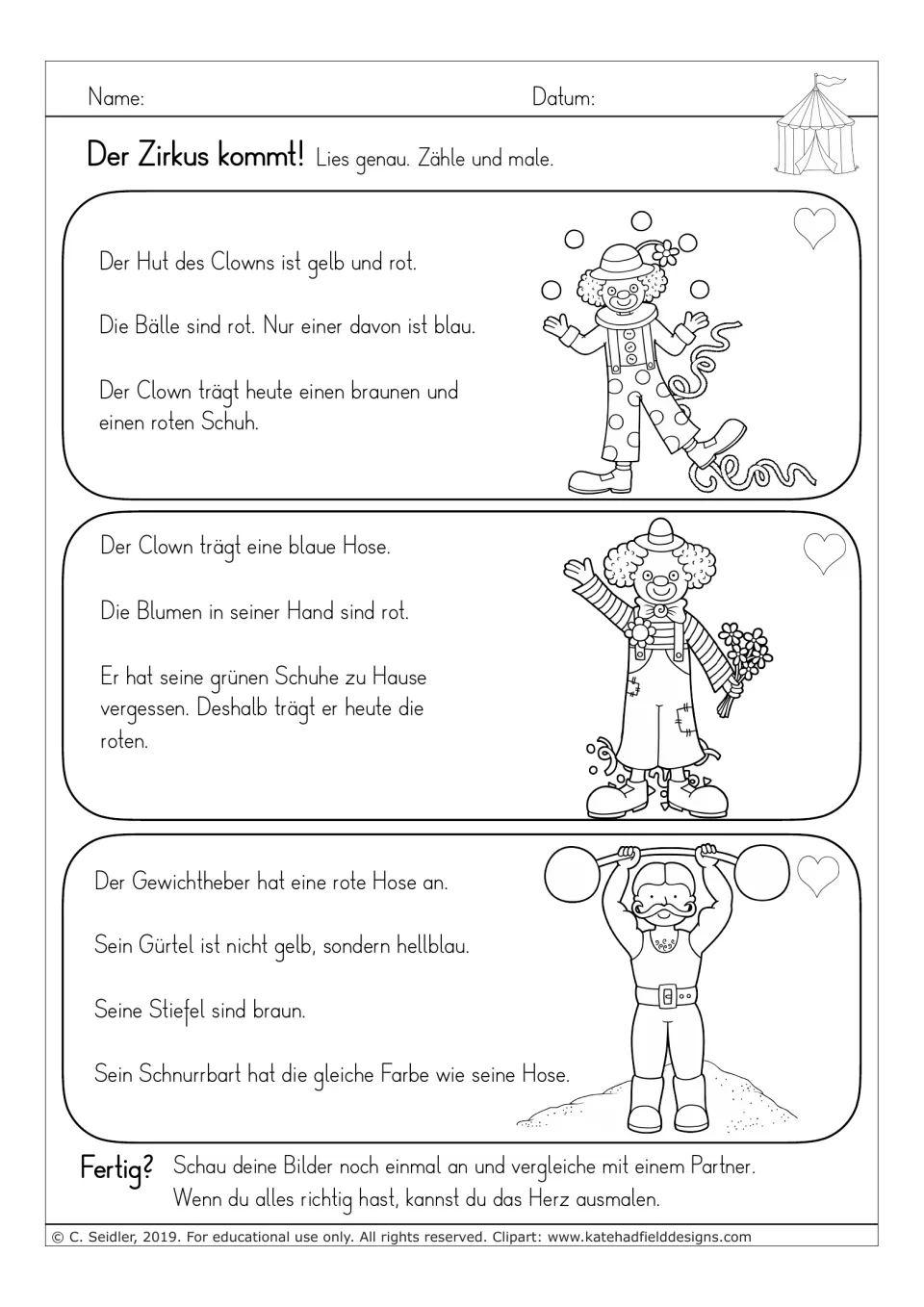 German reading-and-coloring worksheet 3: two clowns and a weightlifter, with clothing and prop color directions