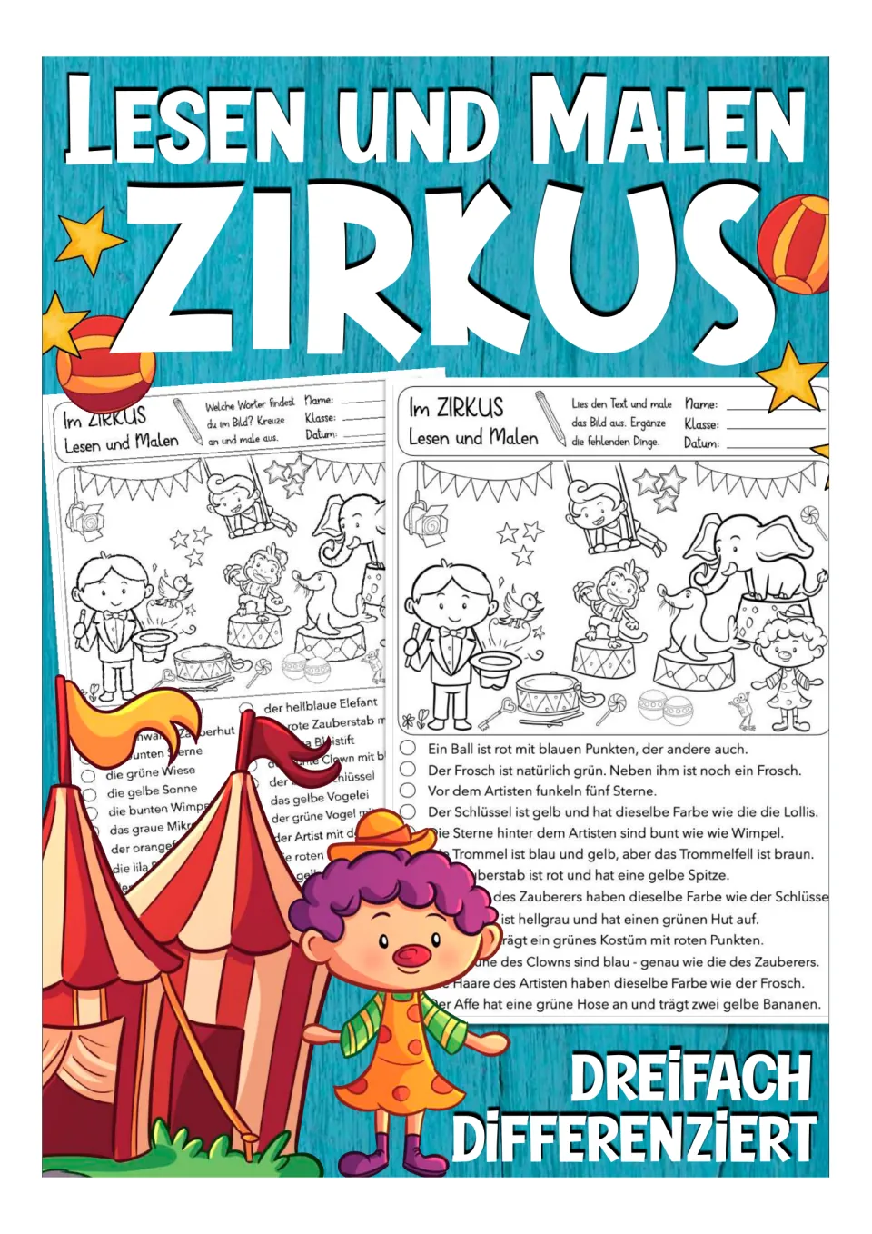 Cover of the German circus reading-and-coloring resource, showing worksheet samples and three levels
