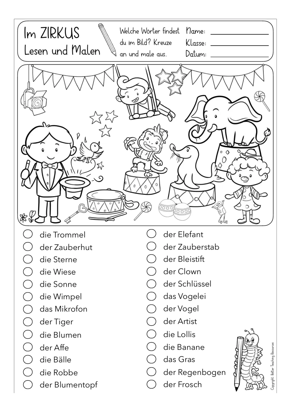 German circus vocabulary worksheet: find and color die Trommel (drum), der Elefant (elephant) and more